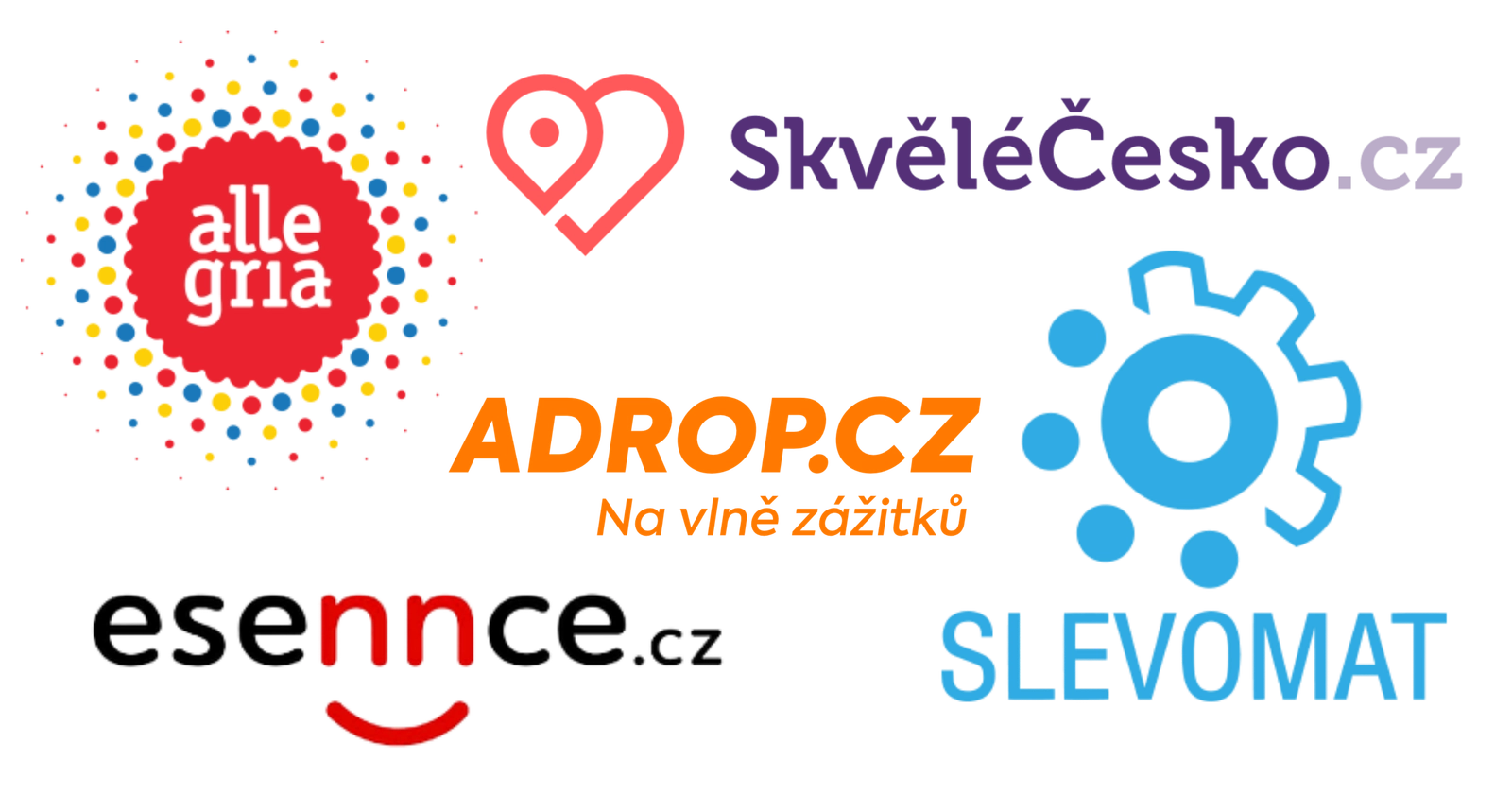 Discount portal logos — Slevomat, Skvělé Česko, Allegria, Adrop, Essence