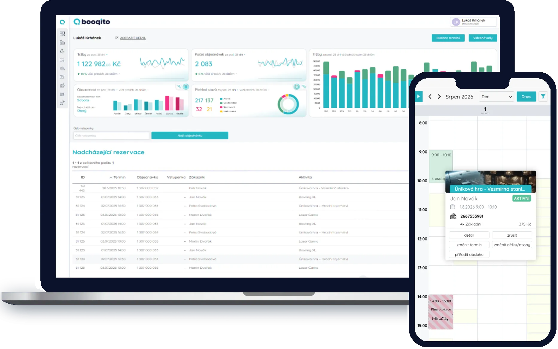 Booqito administrace – přehled rezervací na notebooku a mobilu