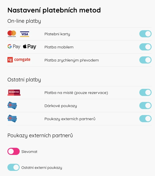 Payment methods setup – Mastercard, Visa, Apple Pay, Google Pay, Comgate