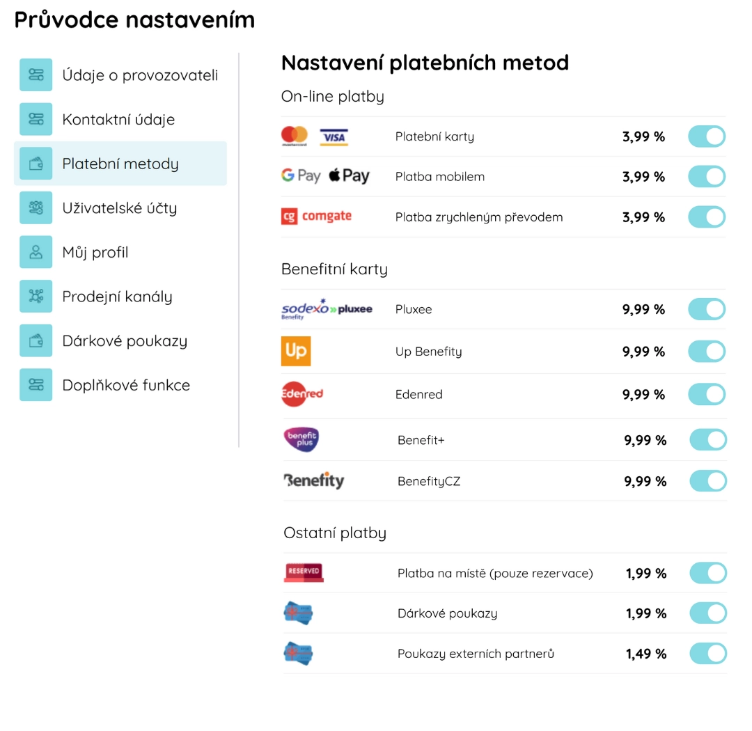Screenshot systému plateb a dokladů Booqito