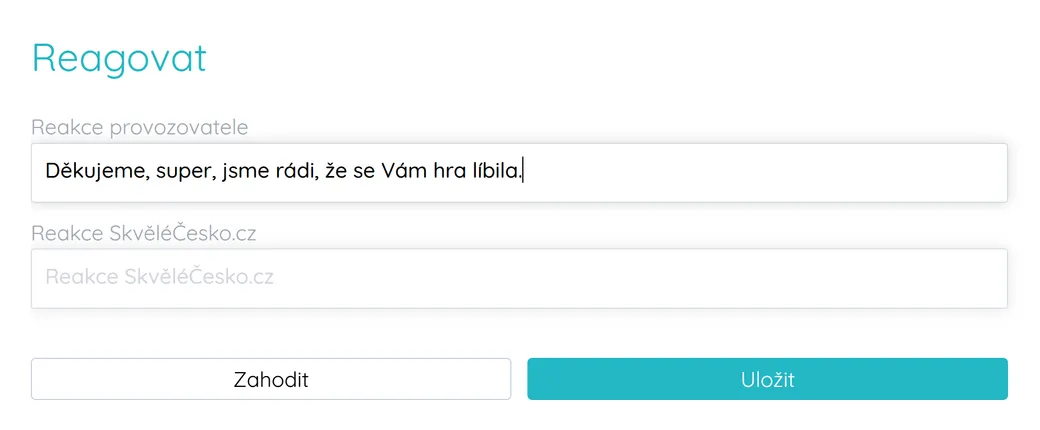 Formulář reakce provozovatele na recenzi