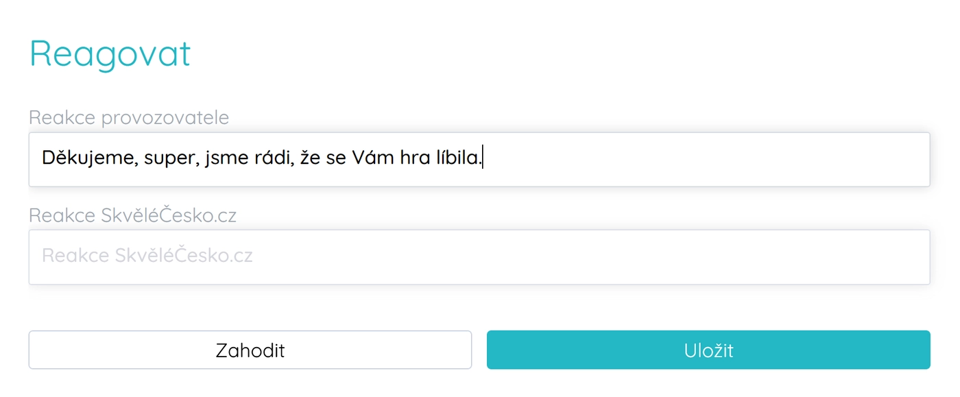 Formulář reakce provozovatele na recenzi