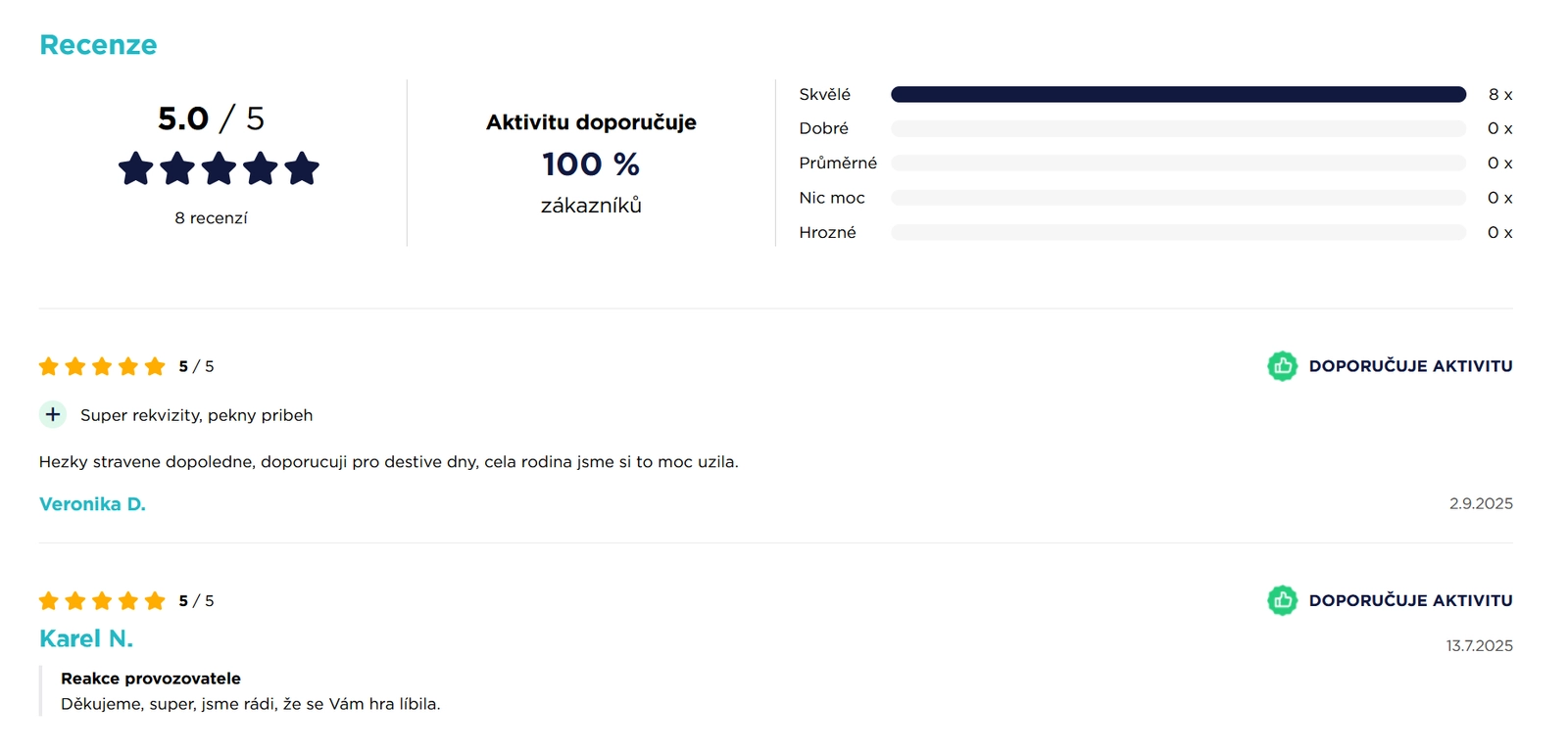 Ukázka veřejných recenzí na webu