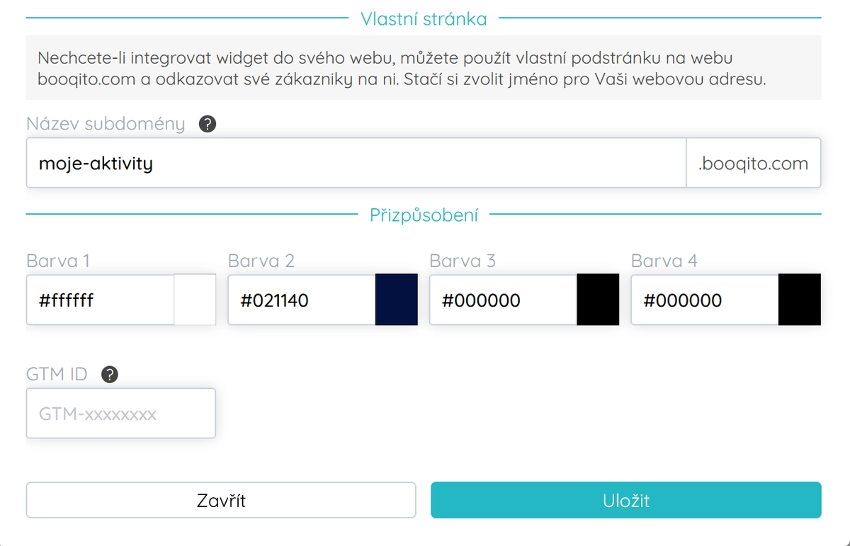 Vlastní stránka widgetu