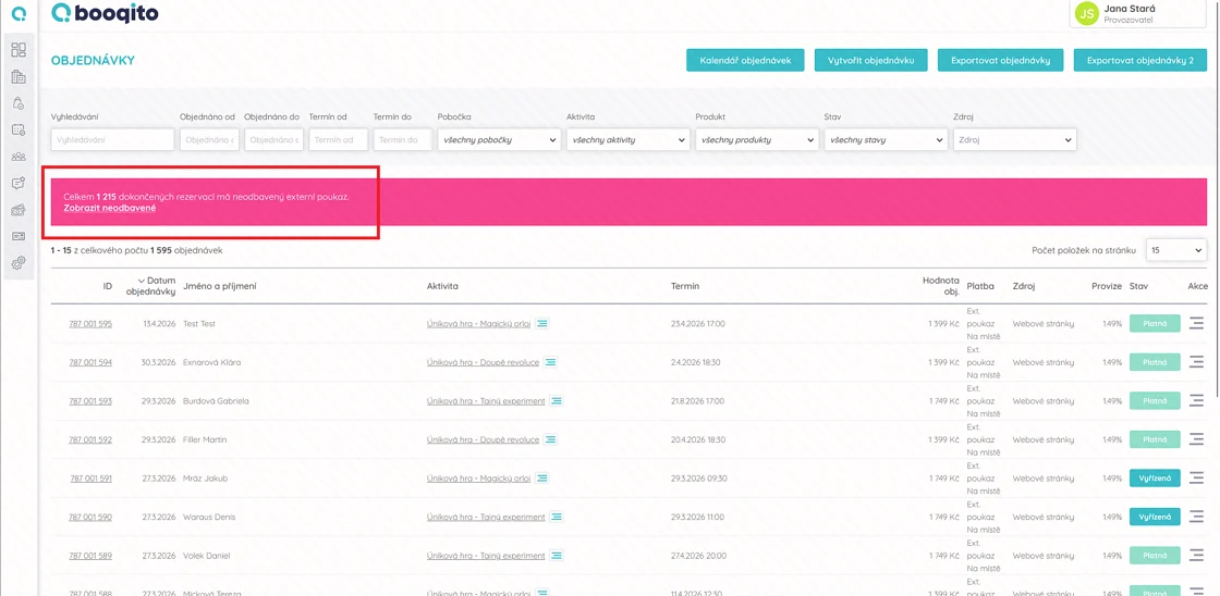 Overview of unredeemed external vouchers
