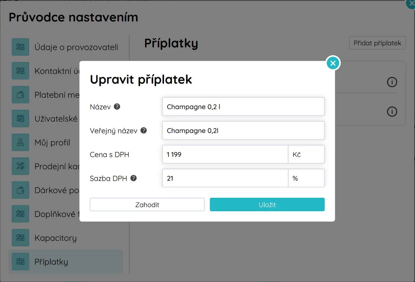 Úprava příplatku – název, veřejný název, cena a sazba DPH