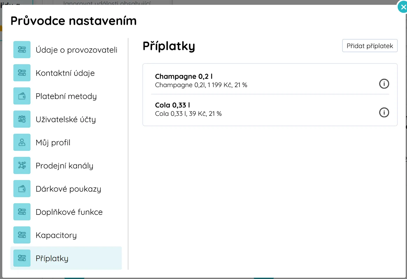 Seznam příplatků v průvodci nastavením