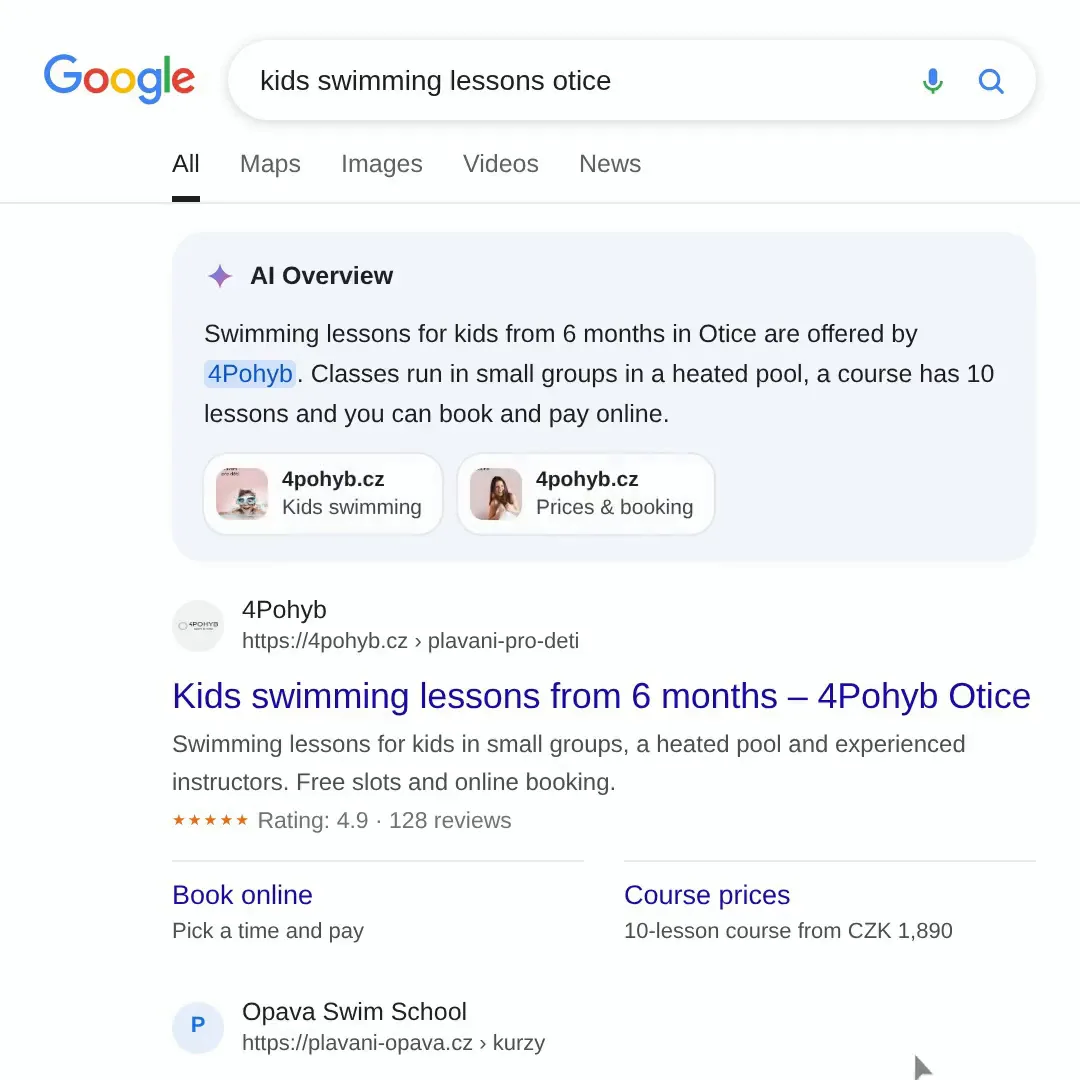 Demo: the website in Google results, editing it in the admin, support, security and backups